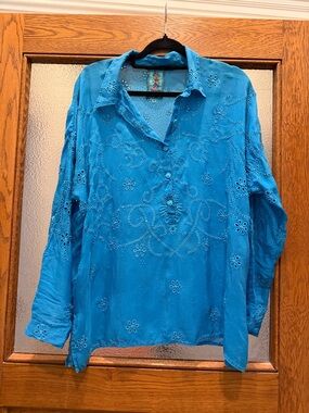 Johnny Was Embroidered Button-Front Women's Top — Turquoise Blue